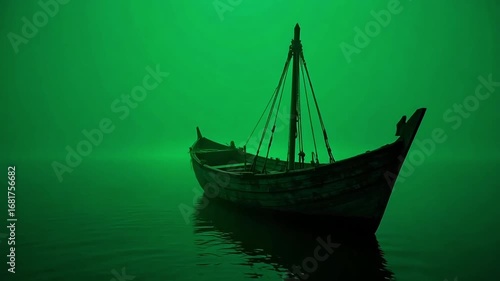 Mysterious ancient wooden boat drifts silently on calm emerald water under atmospheric green haze, evoking adventure and solitude.