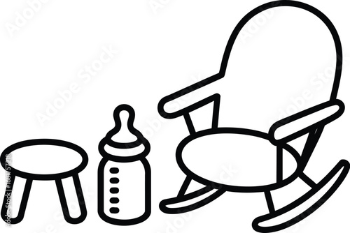 Nursery rocking chair baby bottle stool line art vector icon set