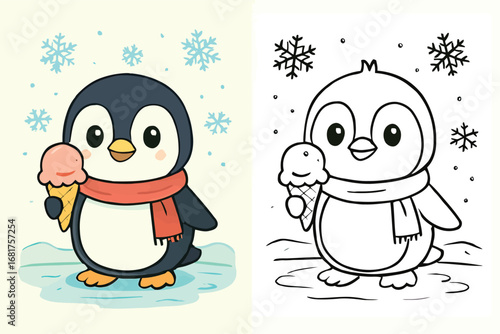A cute cartoon penguin wearing a scarf and holding an ice cream cone, shown in color and as a black and white coloring page.