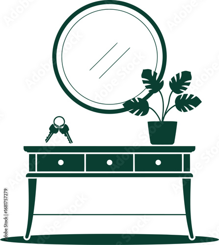 Console table with mirror plant and keys vector illustration
