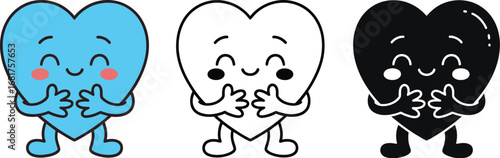 Cute heart characters hugging love cartoon vector illustration