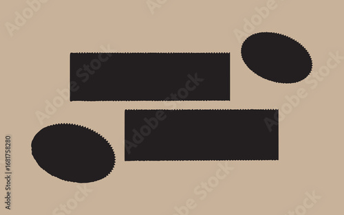 Abstract geometric composition with black rectangles and ovals on beige background