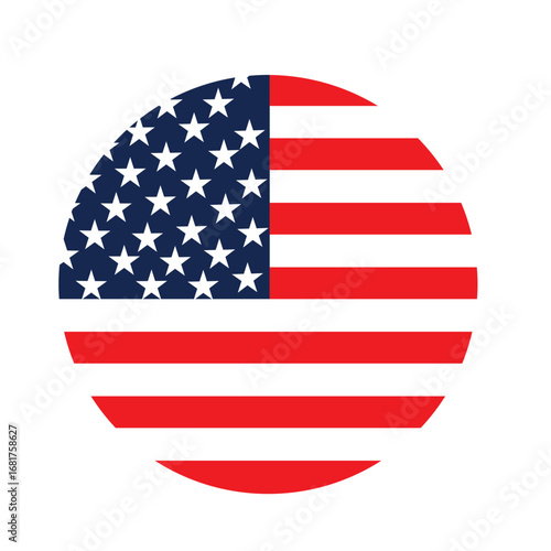 United States flag circle icon vector with stars and stripes in red, white, and blue patriotic design
