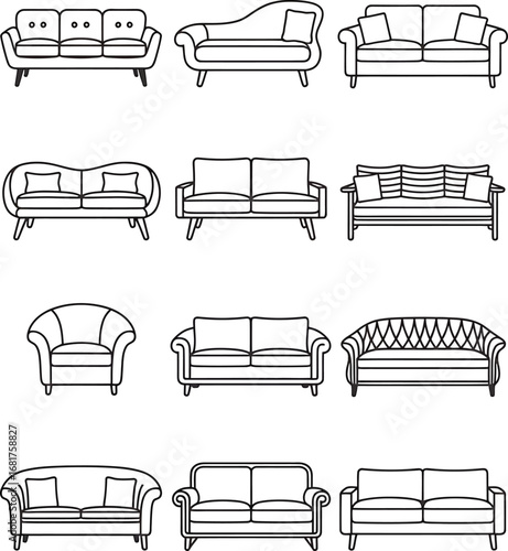 Collection of diverse sofa and armchair designs in a clean line art illustration style