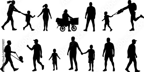 People different ages doing outdoors activities with various poses in public park vector silhouettes. People all ages playing in park family bonding leisure time black silhouette set