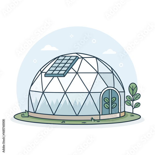 Modern geodesic dome structure with solar panels and double doors surrounded by nature