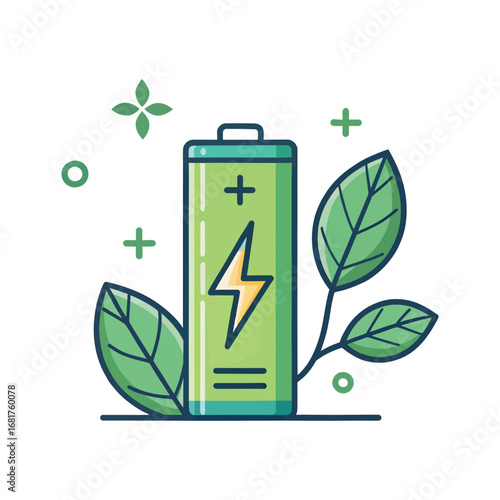 Green energy battery icon with leaves symbolizing sustainable power and eco-friendly electricity generation