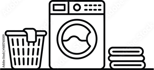 Laundry room washing machine and basket vector line art design