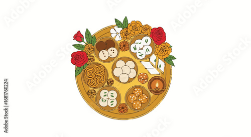 Traditional Navaratri Hindu Festival Festive Platter with Indian Sweets, Flowers, and Diya. Cultural Celebration Offering Illustration.