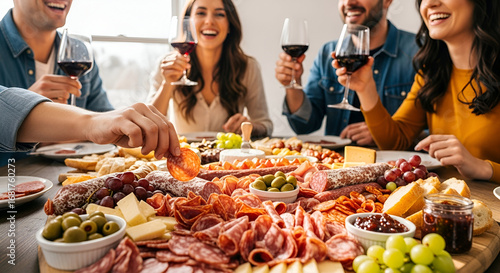 A group of friends enjoys a delicious charcuterie board, savoring wine and appetizers.