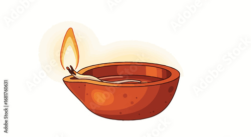 Traditional clay diya oil lamp illustration with a lit flame, symbolizing Hindu festival celebrations, Navaratri, and spiritual worship