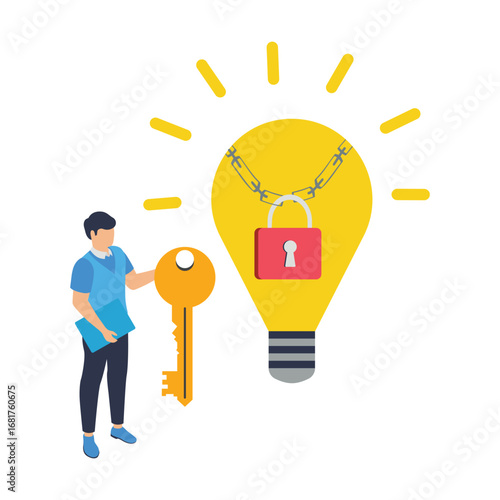 Businessman stand beside locked bright lightbulb symbolizing intellectual property protection   property safeguarded by patents, copyrights, and trademarks, preventing duplication concept