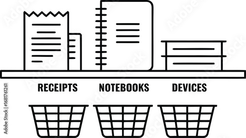Organize receipts notebooks and devices with baskets on shelf