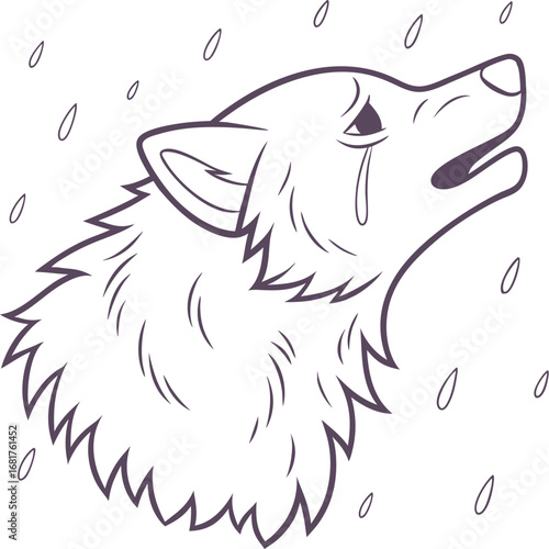 Sad Wolf Crying in the Rain Line Art Illustration – Emotional Wild Animal Outline Drawing  Fantasy Artwork, Tattoos, Stickers, and Graphic Designs