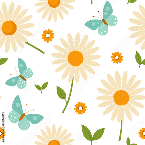 Flying butterfly and lovely image of Daisy, hand drawn Daisy flowers.