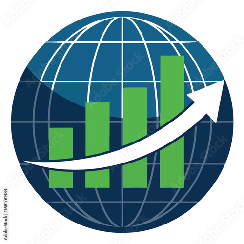 Global growth illustration with rising bar graph and arrow isolated on white background