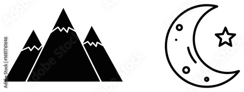 Icons representing majestic snow-capped mountains and a crescent moon with a single star in the night sky