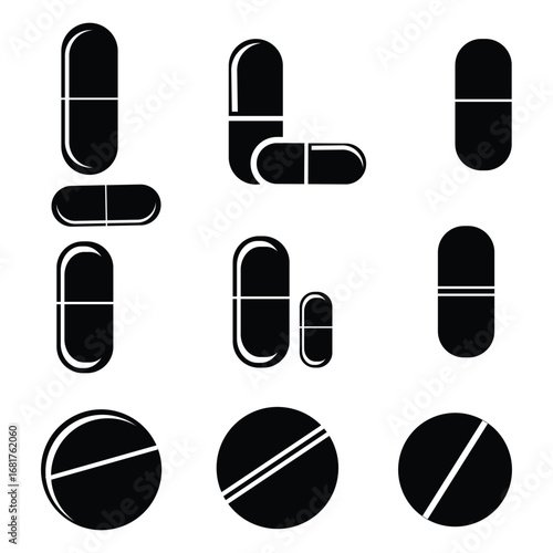 Collection of pill and capsule icons representing medicine health and pharmaceutical industry white background