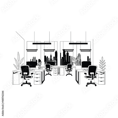 Modern open plan office interior with desks and chairs