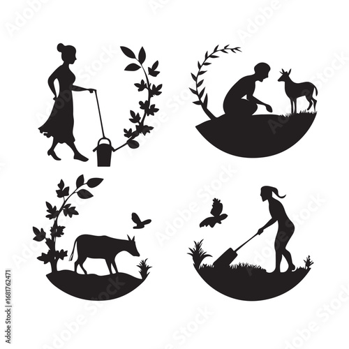 Four black silhouettes depicting rural life and agriculture