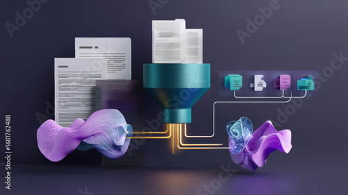 Digital workflow concept featuring document processing machine, converting paper to digital data streams, connecting multiple output devices, representing technological transformation