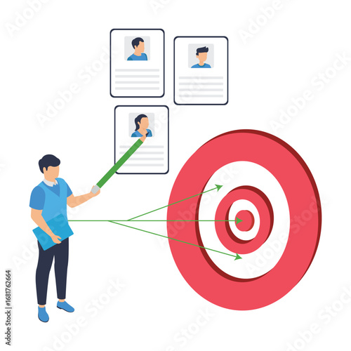 Human resource manager aiming arrows from candidate profiles toward target board to represent job interview selection  stock illustration