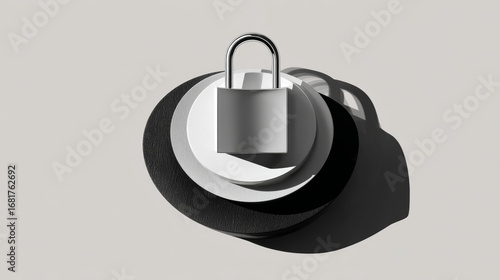 Closed padlock resting on stacked black and white circles, symbolizing cybersecurity and digital data protection