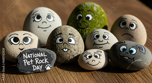 A collection of painted rocks with whimsical faces, celebrating National Pet Rock Day, arranged on a wooden surface.