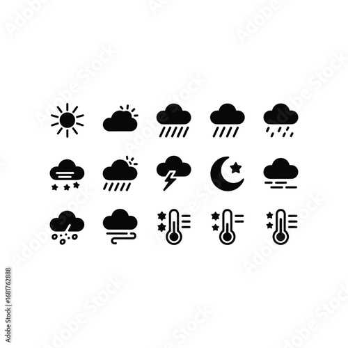 Collection of weather forecast icons including sun clouds rain snow lightning and moon