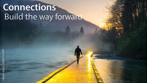 Solitary figure walks an illuminated path into a misty dawn.