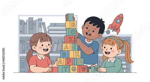 Flat style illustration of children stacking alphabet blocks in a classroom, promoting teamwork, creativity, and early learning through fun educational play activities