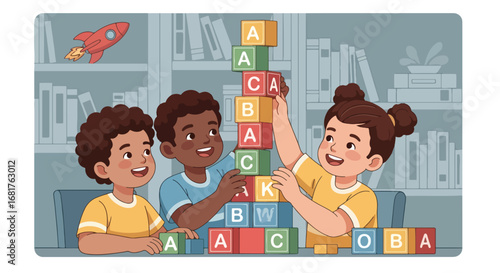 Flat style illustration of children stacking alphabet blocks in a classroom, promoting teamwork, creativity, and early learning through fun educational play activities