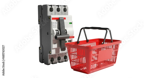 Circuit breaker with red shopping basket isolated on transparent background