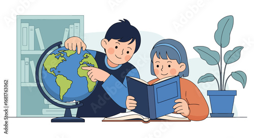 Flat style illustration of children studying geography with a globe and book in a classroom, promoting education, learning, discovery, and global knowledge