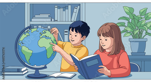 Flat style illustration of children studying geography with a globe and book in a classroom, promoting education, learning, discovery, and global knowledge