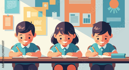 Flat style illustration of three children happily writing in notebooks at school, promoting education, learning, focus, and creativity in a classroom environment