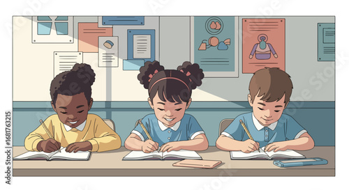 Flat style illustration of three children happily writing in notebooks at school, promoting education, learning, focus, and creativity in a classroom environment