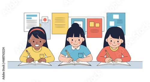 Flat style illustration of three children happily writing in notebooks at school, promoting education, learning, focus, and creativity in a classroom environment