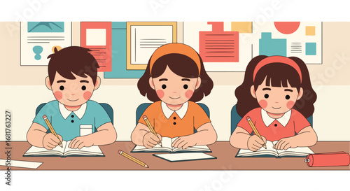 Flat style illustration of three children happily writing in notebooks at school, promoting education, learning, focus, and creativity in a classroom environment