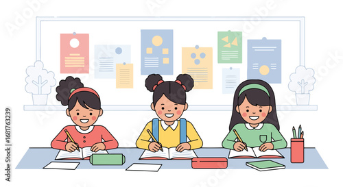 Flat style illustration of three children happily writing in notebooks at school, promoting education, learning, focus, and creativity in a classroom environment