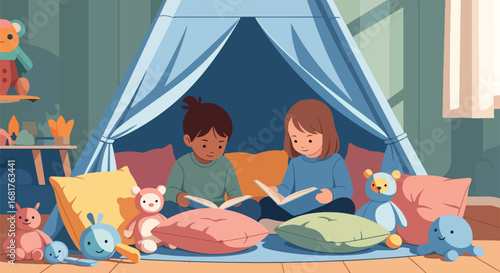 Flat style illustration of two kids reading books inside a cozy play tent with pillows and toys, promoting imagination, learning, and friendship in a fun indoor environment