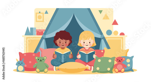 Flat style illustration of two kids reading books inside a cozy play tent with pillows and toys, promoting imagination, learning, and friendship in a fun indoor environment