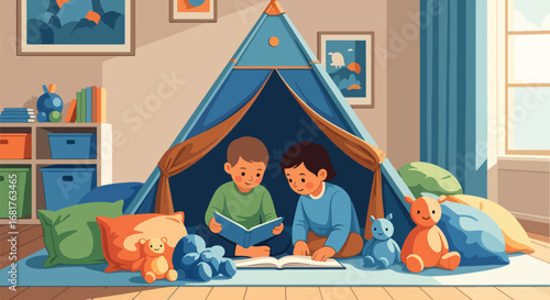 Flat style illustration of two kids reading books inside a cozy play tent with pillows and toys, promoting imagination, learning, and friendship in a fun indoor environment