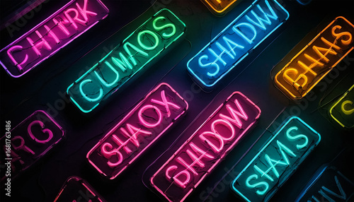 Vibrant neon signs illuminating dark background with abstract words, perfect for modern art, design projects, and captivating visuals, ideal for commercial use.