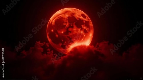 Experience the awe-inspiring spectacle of a dramatic blood moon rising majestically through fiery red clouds, creating a truly captivating celestial event.