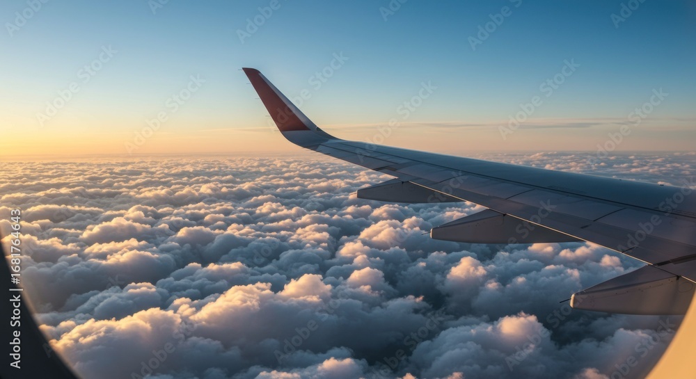 Obraz premium Airplane wing above clouds sunrise view