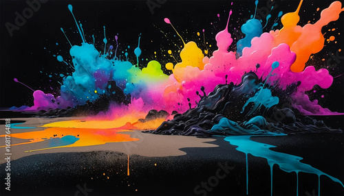 Vibrant explosion of colorful paint splashes against a black backdrop, a stunning abstract artwork for creative design and artistic projects