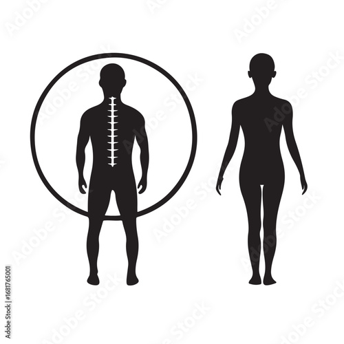 Human body silhouette with spine and circle symbol