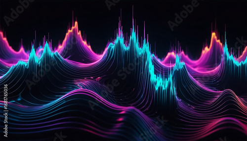 Dynamic abstract data visualization with vibrant neon colors representing complex information flow and digital transformation