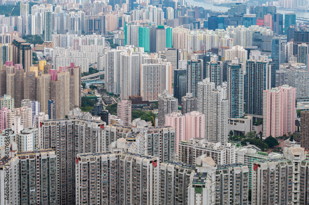 Fototapeta Skyscrapers of Hong Kong and Kowloon from Lion Rock Head. Lots of skyscrapers, cityscape